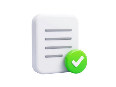 3d document icon with a green check mark isolated on transparent background for project completion and task management apps