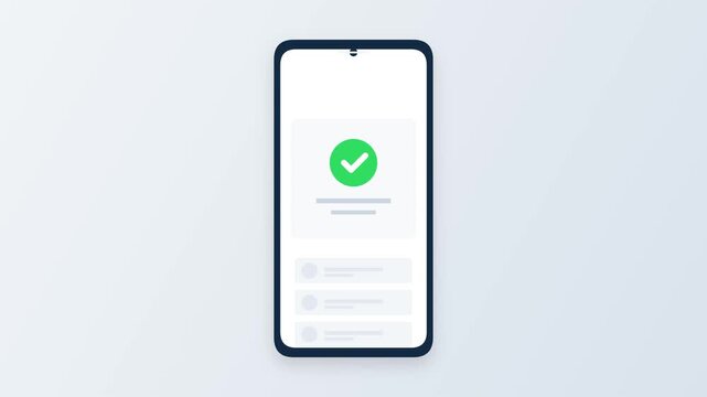 3D render of a modern smartphone displaying a green check mark icon for success, digital payment confirmation, and user account verification process