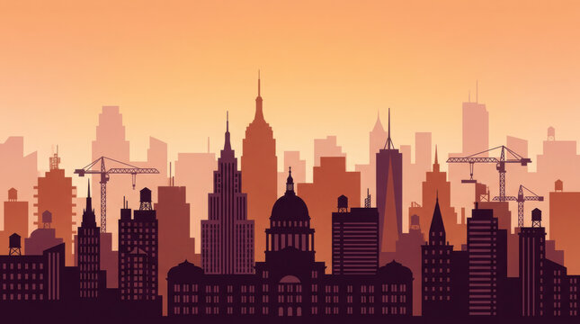 Orange sunset city skyline with skyscraper silhouettes and construction cranes generated using ai