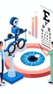 Optometrist and doctor examining patient eye health with eye chart and equipment, vision test and consultation, medical checkup