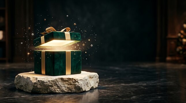 A magical green velvet gift box with glowing light and sparkling stars on a stone pedestal
