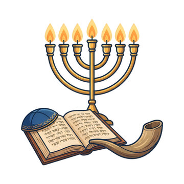 Pixel art menorah with torah scroll and shofar for hanukkah