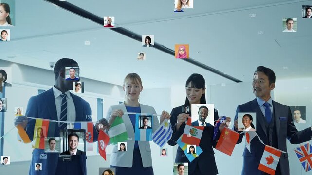 A group of people from various countries holding international flags. globalization, internationalization, diplomacy, business, exchange, events, companies, talent, support