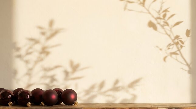 Dark burgundy christmas baubles arranged on a rustic wooden table surface with soft foliage shadows on the wall
