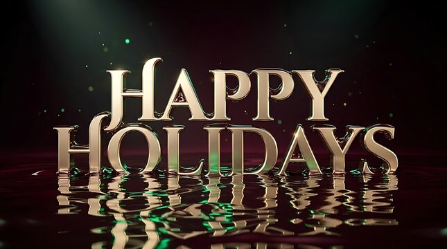 Elegant gold metallic text reading happy holidays with beautiful reflection on dark liquid surface
