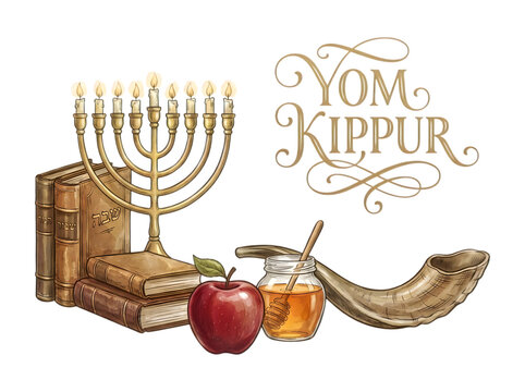 Yom kippur greeting card with menorah books apple honey and shofar