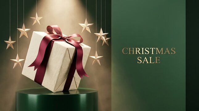 Elegant white christmas gift box with dark red ribbon on display stand with gold stars
