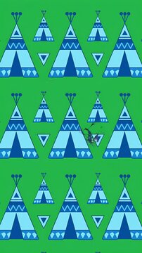 Animated pattern of blue teepees and triangles in a repeating grid on a green background, cartoon style