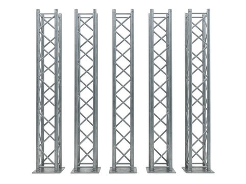 Five professional silver aluminum lighting truss columns isolated on transparent background for stage and event production setup