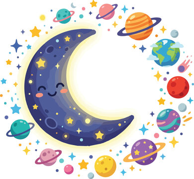 Cute glowing crescent moon smiling surrounded by colorful planets and stars in space