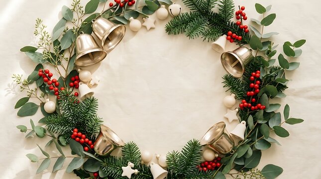 Festive christmas wreath with metallic bells and pine branches on a neutral light colored background