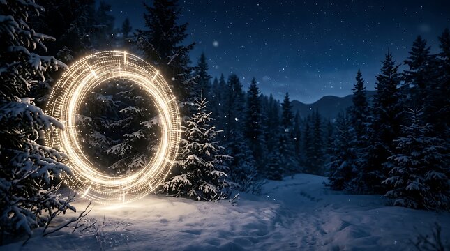 Glowing futuristic light portal standing in a serene snowy winter forest at night