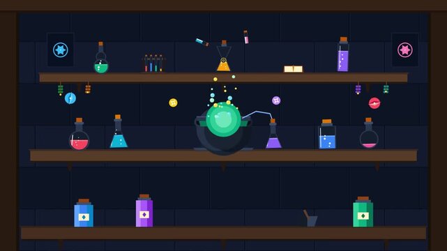 Magical Alchemy Setup with Bubbling Cauldron in a Dark Wizard Laboratory