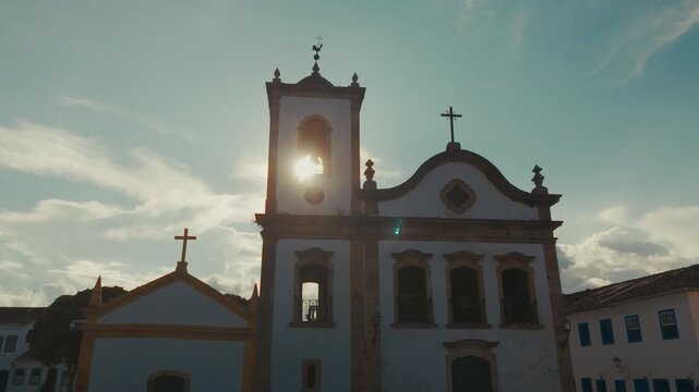 Aerial view of the church of Santa Rita of the colonial town of Paraty at sunset, Brazil
