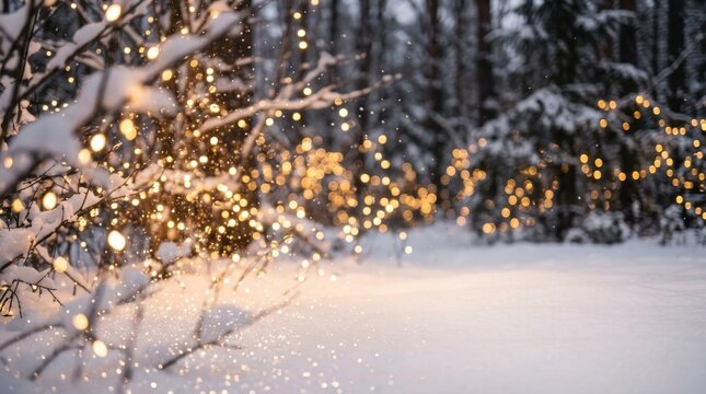 Christmas Tree Branches Adorned with Warm Fairy Lights and a Dusting of Snow, Creating a Magical Winter Scene. Festive Holiday Decoration.
