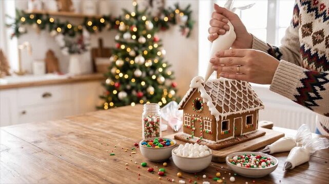 Woman decorating gingerbread house with white icing at wooden table. Christmas tree with lights in kitchen background. Homemade holiday baking and festive sweets preparation concept