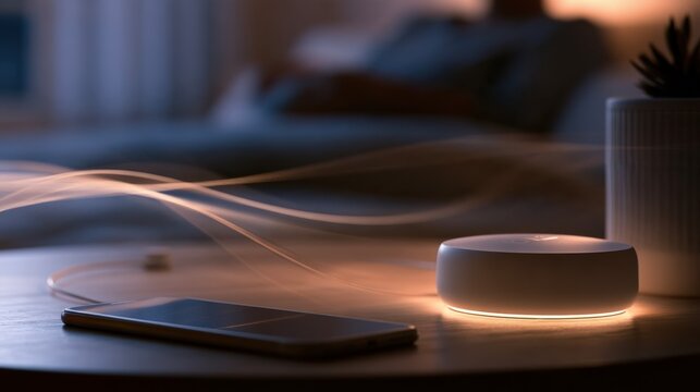 Elderly Care Communication Technology Smart speaker emitting sound waves near smartphone on wooden table in cozy room setting.