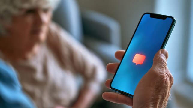 Elderly Care Communication Technology An elderly person holds a smartphone displaying a messaging app icon, with a blurred older adult in the background.