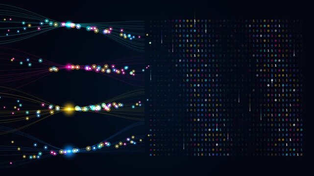 Big data processing, ai quantum computing background with digital binary code matrix stream and glowing optical fiber connections 4k video animation