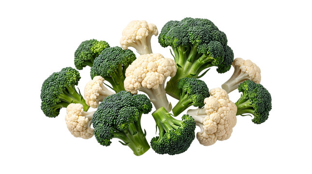 Pile of fresh broccoli and cauliflower florets on png isolated on transparent background