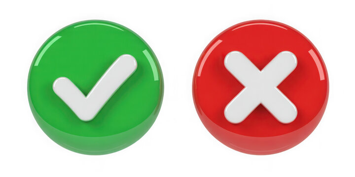 3D glossy green check and red cross icons isolated on transparent background