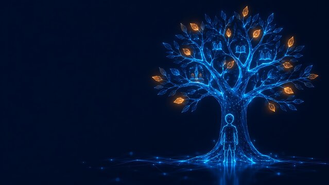 Abstract digital child silhouette standing under a glowing tree of knowledge and growth. every child matters with nature technology blue light tree of life. every child matters