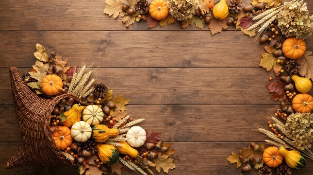 Thanksgiving cornucopia with pumpkins, gourds, wheat, and autumn leaves on a rustic wooden background