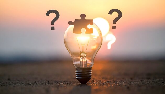 Bombilla encendida con pieza de rompecabezas y signos de interrogaci&oacute;n en una composici&oacute;n conceptual sobre ideas y resoluci&oacute;n de problemas