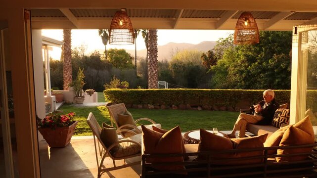 elderly man in beautiful outdoor patio overlooking vast garden and mountains at sunset