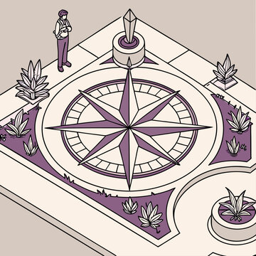 Isometric garden landscape design with a central compass rose and a person