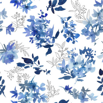 Watercolor Elegant Blue Seamless Pattern with Abstract Hand-Painted Wildflowers and Silver Botanical Line Art for Fabric, Wallpaper, Wedding Invitations, and Surface Design