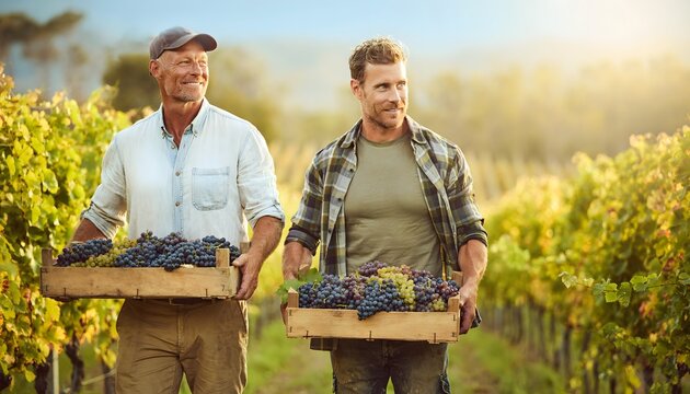 Dos hombres caminando entre vi&ntilde;as con cajas llenas de uvas reci&eacute;n recolectadas durante la vendimia