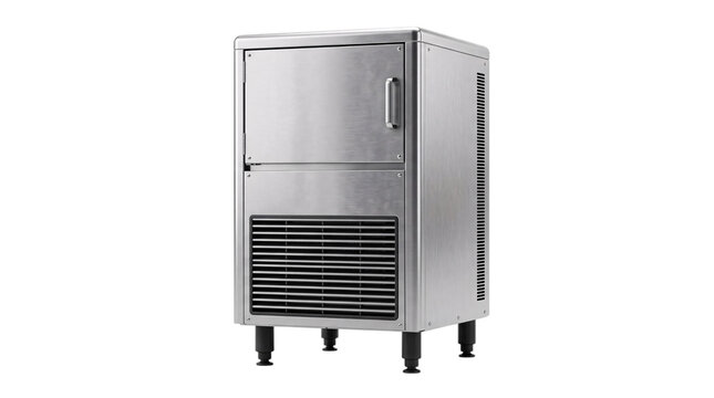 Stainless steel ice maker machine with door and png isolated on transparent background