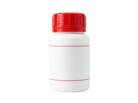 White plastic medicine bottle with red cap isolated on transparent background for pharmaceutical product design and medical packaging