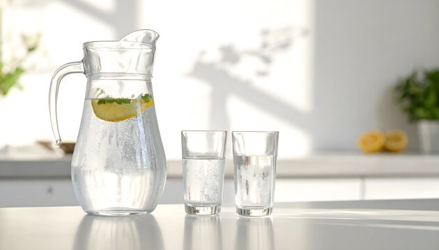 Jarra de agua con rodajas de lim&oacute;n y dos vasos transparentes sobre una encimera de cocina luminosa