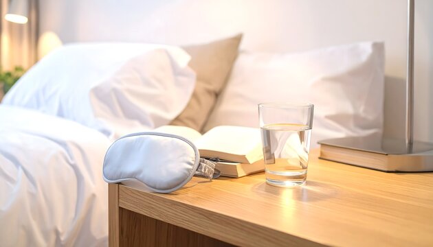 Antifaz para dormir, vaso de agua y libros sobre una mesita de noche junto a una cama con ropa blanca