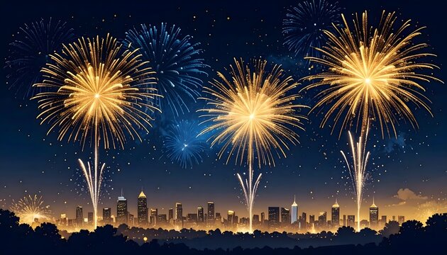 Fuegos artificiales dorados sobre el perfil nocturno de una ciudad en una celebraci&oacute;n de A&ntilde;o Nuevo