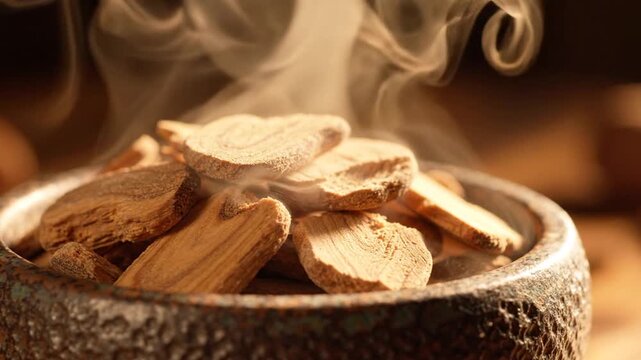 Steaming slices of dried ginger in ceramic bowl.