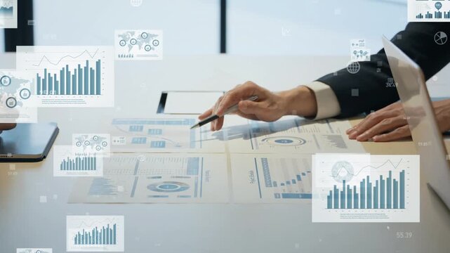 Meeting people and business data. Management, strategy, proposals, presentations, planning, economics, finance, investment, asset management, graphs.