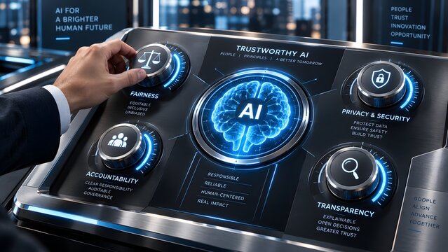 Human hand adjusting a futuristic control panel for trustworthy AI with glowing digital brain and ethical governance dials for fairness and transparency