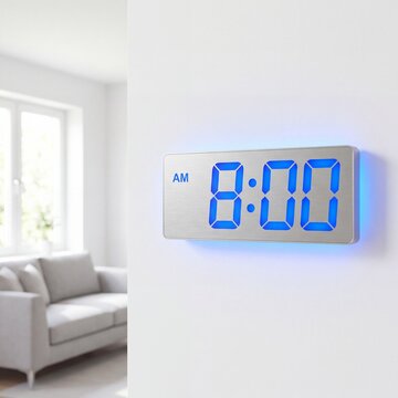  8 AM with a blue LED display in a bright, minimalist living room interio