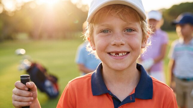 Smiling young boy enjoying outdoor junior golf lessons with friends on a sunny day