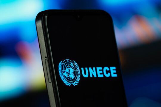 Geneva, Switzerland- 8 July 2026: UNECE logo is seen on a smartphone.
