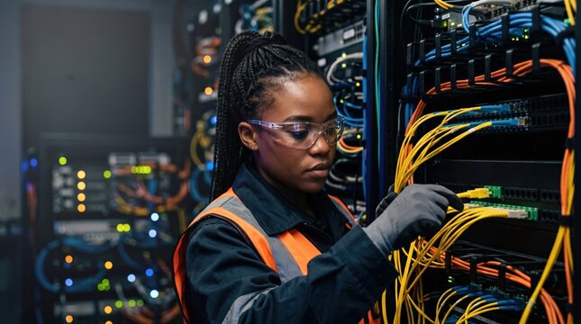 A focused woman technician working with network cables in a server room