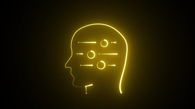 Human mind profile glowing with yellow neon light displaying mental balance sliders and psychological levels.