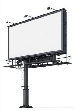 A large, empty outdoor billboard mounted on a tall black pole with three lights on top, ready for advertising or promotional content.