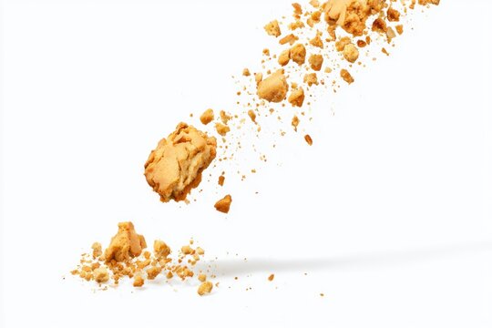 Crumbled brown cookie pieces scattered diagonally on a white background, with crumbs trailing behind.