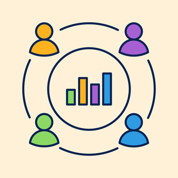 Collaborative team icon with central bar graph illustration