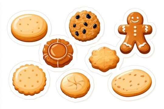 A colorful illustration of assorted cookies including a gingerbread man, chocolate chip, and various shaped biscuits.