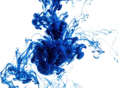 Dynamic blue liquid ink swirling in clear water isolated on transparent background for fluid motion graphic design and effects